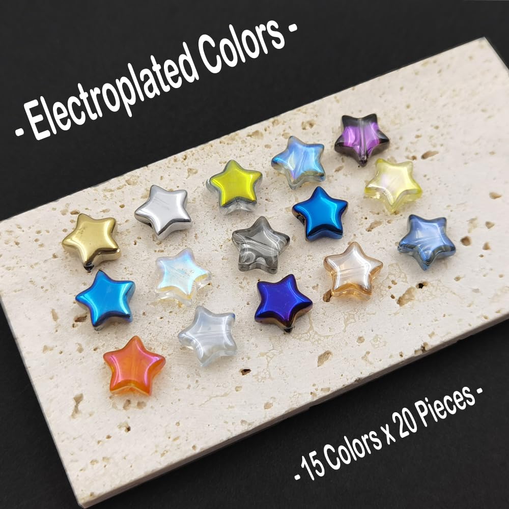 INSPIRELLE 10mm Star Beads 300pcs Electroplated Crystal Glass Spacer Beads for Jewelry Bracelet Necklace Making