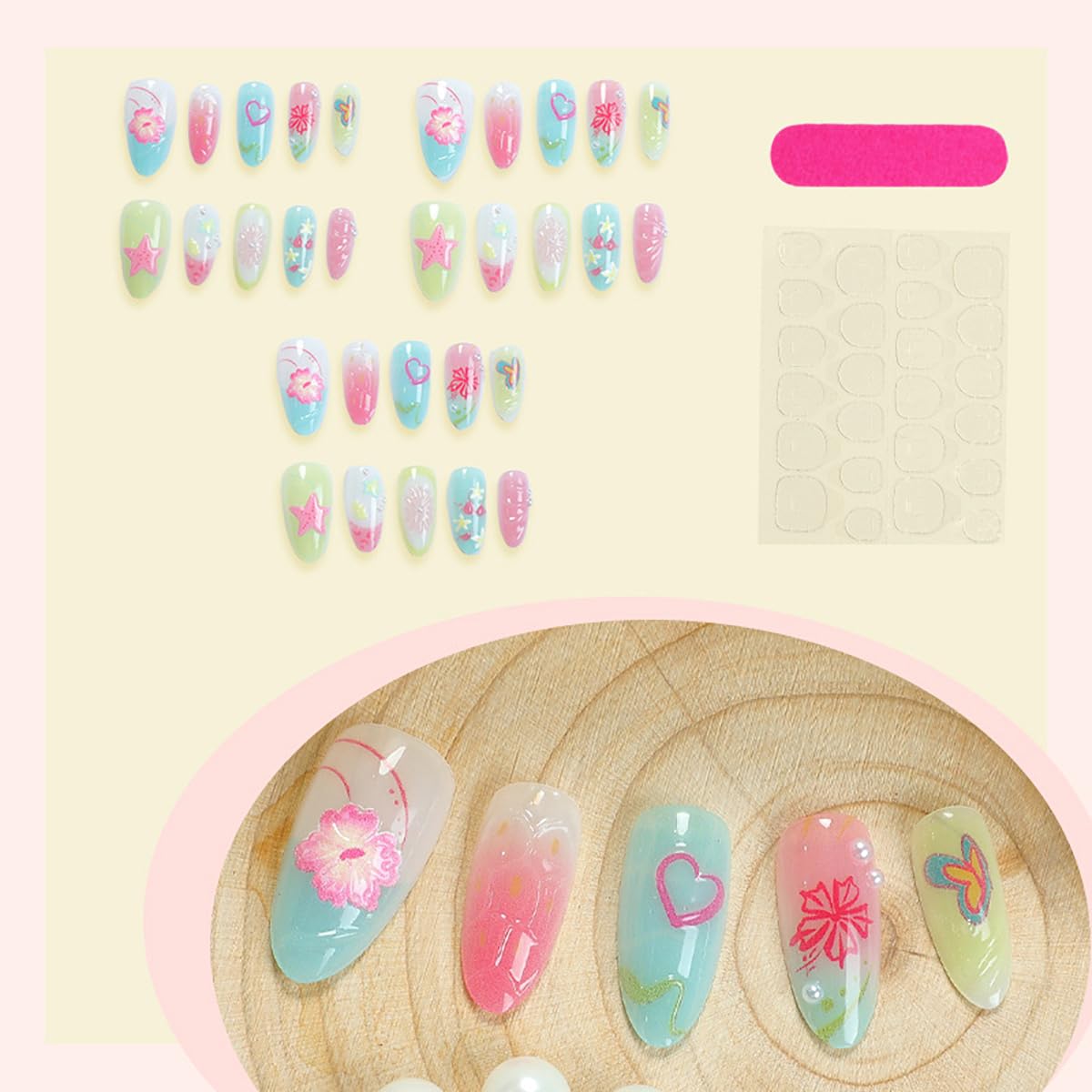 30Pcs Cute Press on Nails Medium Almond Fake Nails Summer Press ons 3D Pearl Flower Glue on Nails Beach Starfish False Nails Lemon Butterfly Heart French Tip Nails Handmade Acrylic Nails Set for Women