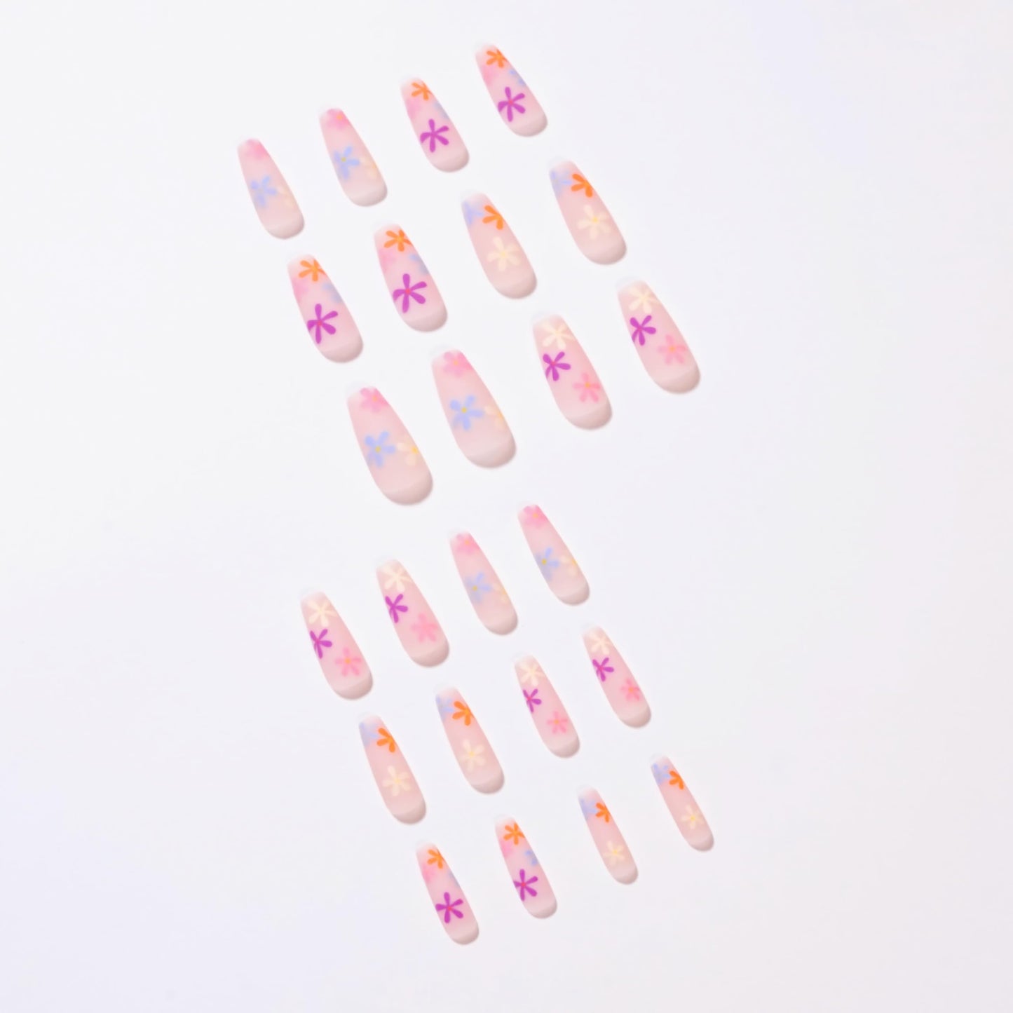 BABALAL Matte Press on Nails Long Coffin Fake Nails Pink Glue on Cute Acrylic False Nails with Flower Design for Women and Girls