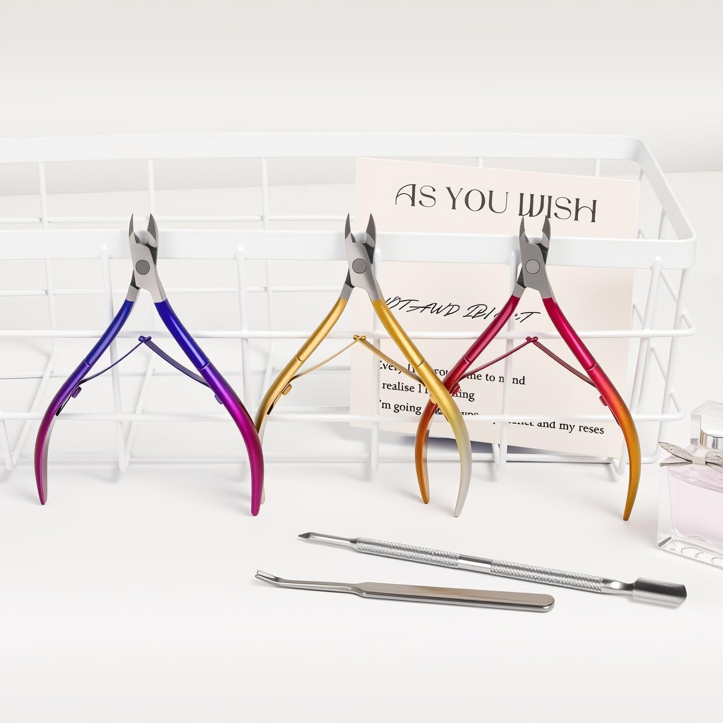 Cmetta Cuticle Nipper, Polished Coated Durable Trimmer with Pusher, Nail Clipper with Fine Edge, Comfort Grip Cuticle Cutter and Remover Tool Kit for Nail Care (Rose+ Blue+ Pusher)