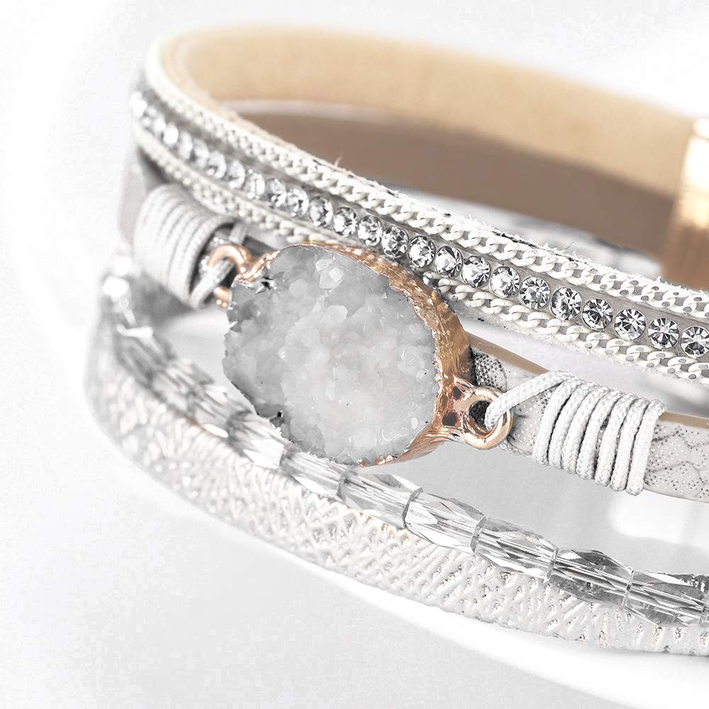 Fesciory Leopard Bracelet for Women, Boho Leather Wrap Multi-Layer Pearl Crystal Bracelet Bangle Jewelry(White Stone(Short))