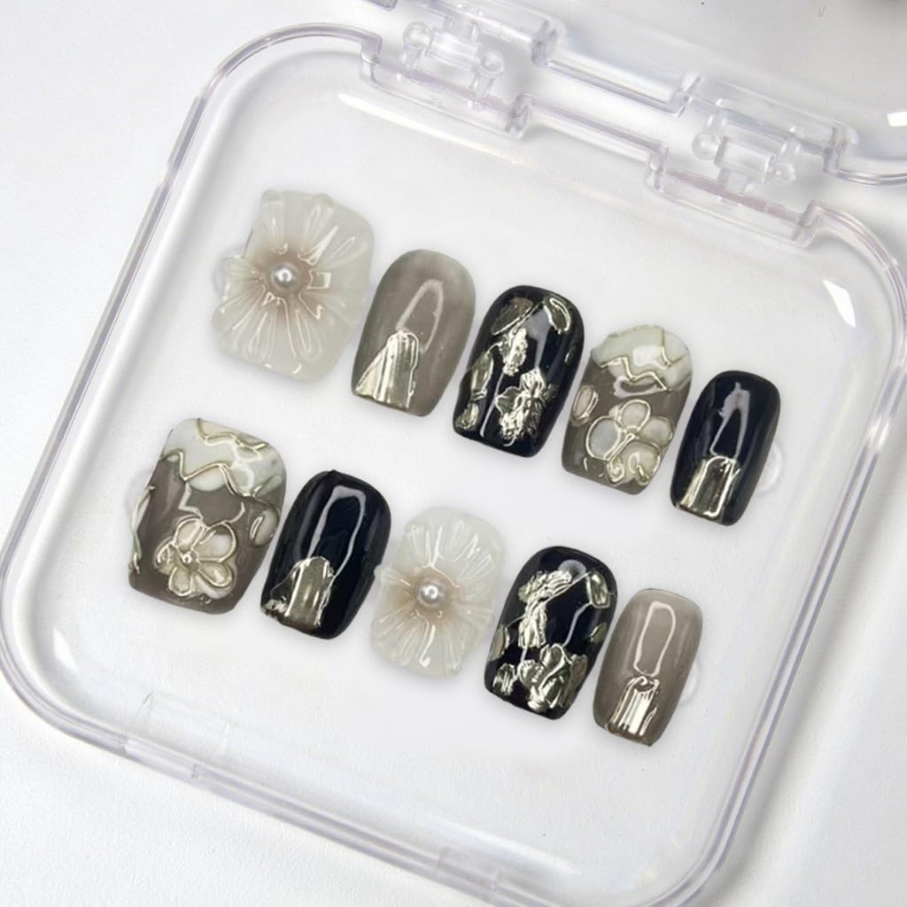 Square Press on Nails Full Cover Fake Nails with White Flower Handmade Press on Nails Short Black False Nails Embossed Silver Floral Acrylic Nails Thick Stick on Nails for Women Nail Art DIY（M)