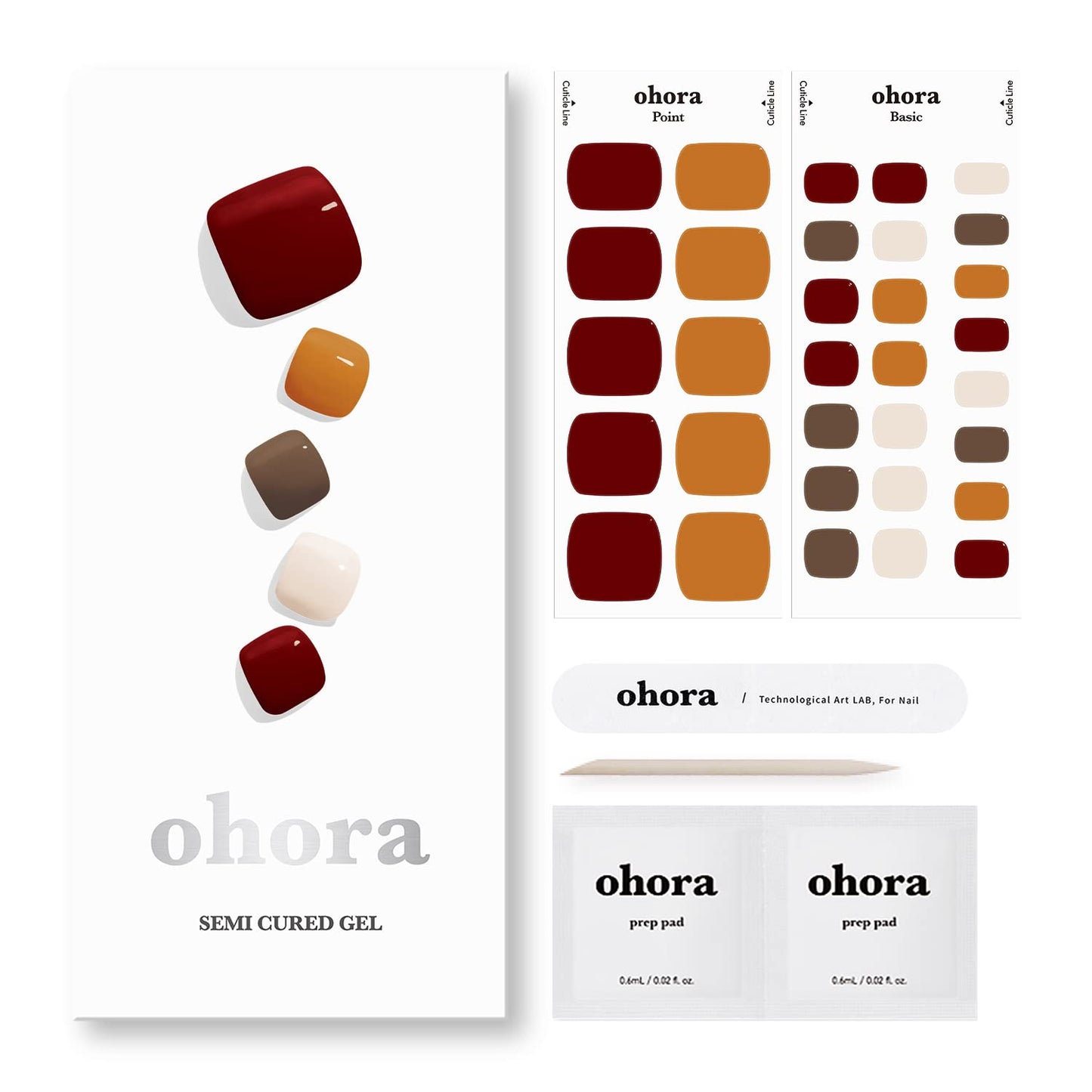 ohora Semi-Cured Gel Pedi Strips 34pcs(P Maple) - Includes 16 Solid Color, 14 Accent Wraps, 2 Prep Pads, Nail File & Wooden Stick