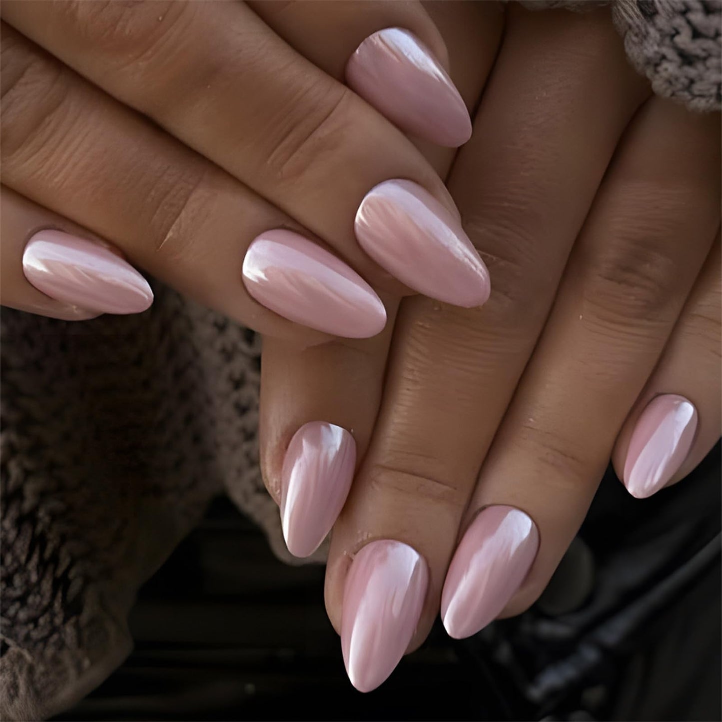 Pink Press on Nails Almond Medium Fake Nails with Design Shiny False Nails Press ons Glossy Full Cover Acrylic Glue on Nails Cute Artificial Stick on Nail for Women Manicure 24Pcs