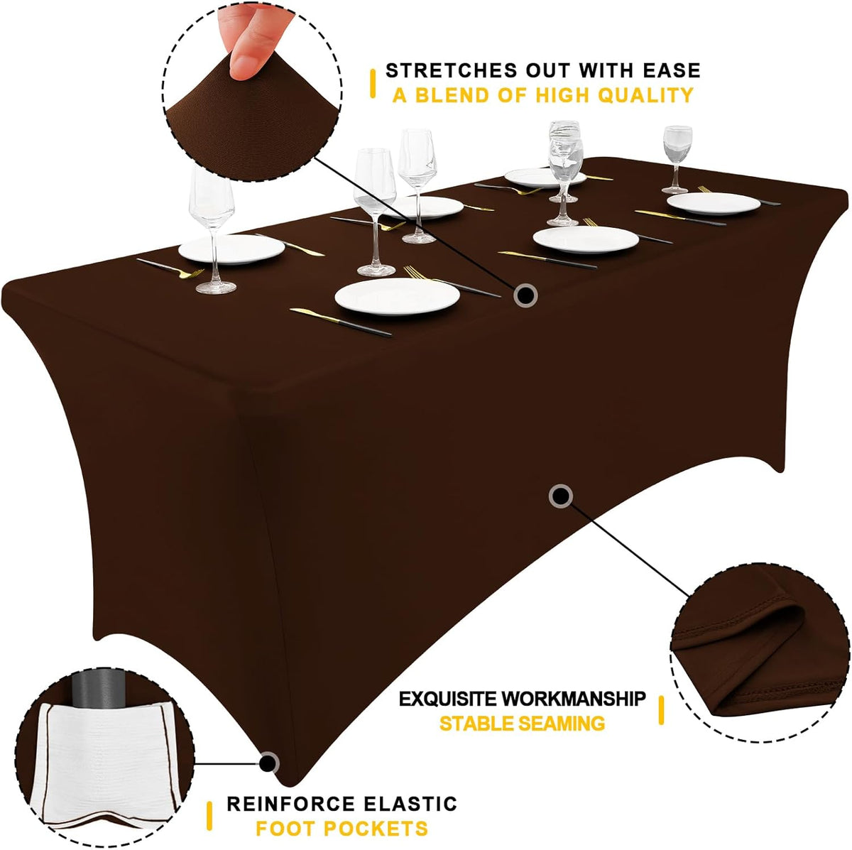 Smiry 2 Pack Spandex Table Cloth 8FT, Elastic Fitted Stretch Tablecloths, Washable and Wrinkle Free Rectangular Patio Table Cover for Outdoor, Wedding, Banquet & Parties (Coffee, 96Lx30Wx30H Inch)