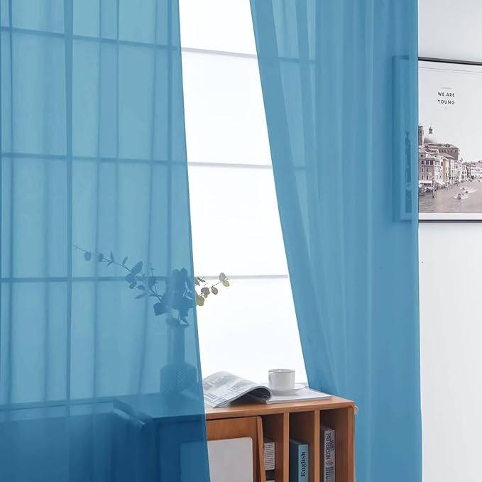 SpaceDresser Basic Rod Pocket Sheer Voile Window Curtain Panels Blue 1 Pair 2 Panels 52 Width 45 Inch Long for Kitchen Bedroom Children Living Room Yard（Blue, 52W x 45L）
