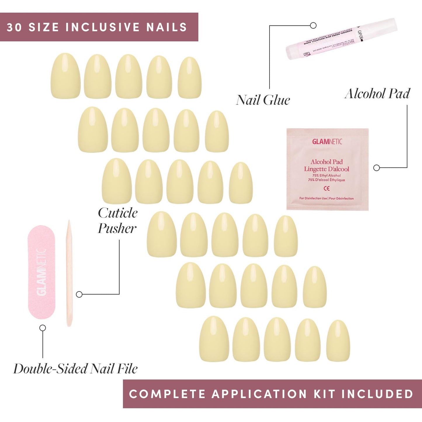Glamnetic Press On Nails - Pastel Yellow | Short Oval Yellow Fake Nails with Glossy Finish, Salon Quality| 15 Sizes - 30 Nail Kit with Glue