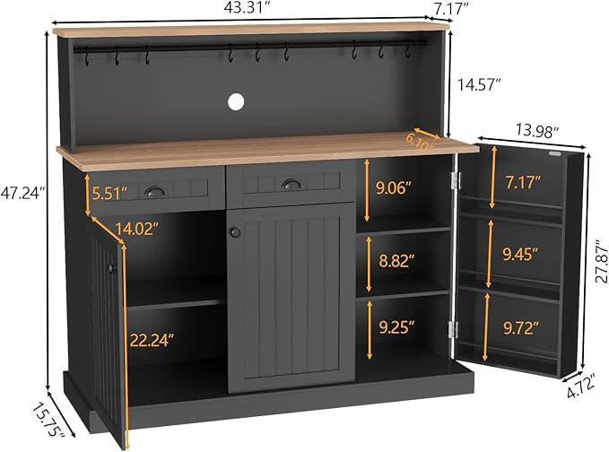 Sideboard Buffet Cabinet with 2 Drawers, Farmhouse Kitchen Pantry with Adjustable Shelves, Coffee Bar Cupboard Cabinet with 3 Doors for Kitchen, Dining Room (Black)