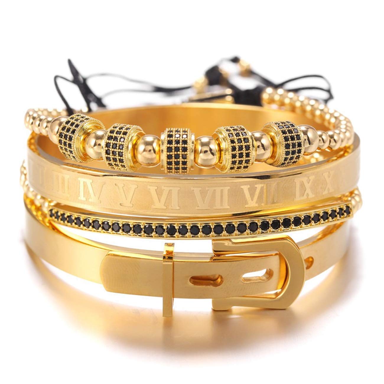 Jarlinwel Gold Silver Plated Bracelets for Men Women Roman Numeral Bangle Bracelet Stainless Steel Personalized Engraved Unisex Gift (4 Pcs Mens Gold Bangle)