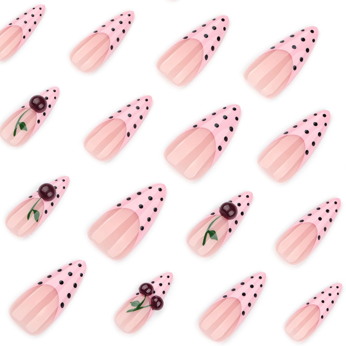 Pink French Press on Nails Almond, Long Fake Nails Black Polka Dot Nails Press ons with 3D Cherry Design,Acrylic Full Cover Glue on Nails, Spring Summer Cute Nail for Women Manicure Kit 24Pcs