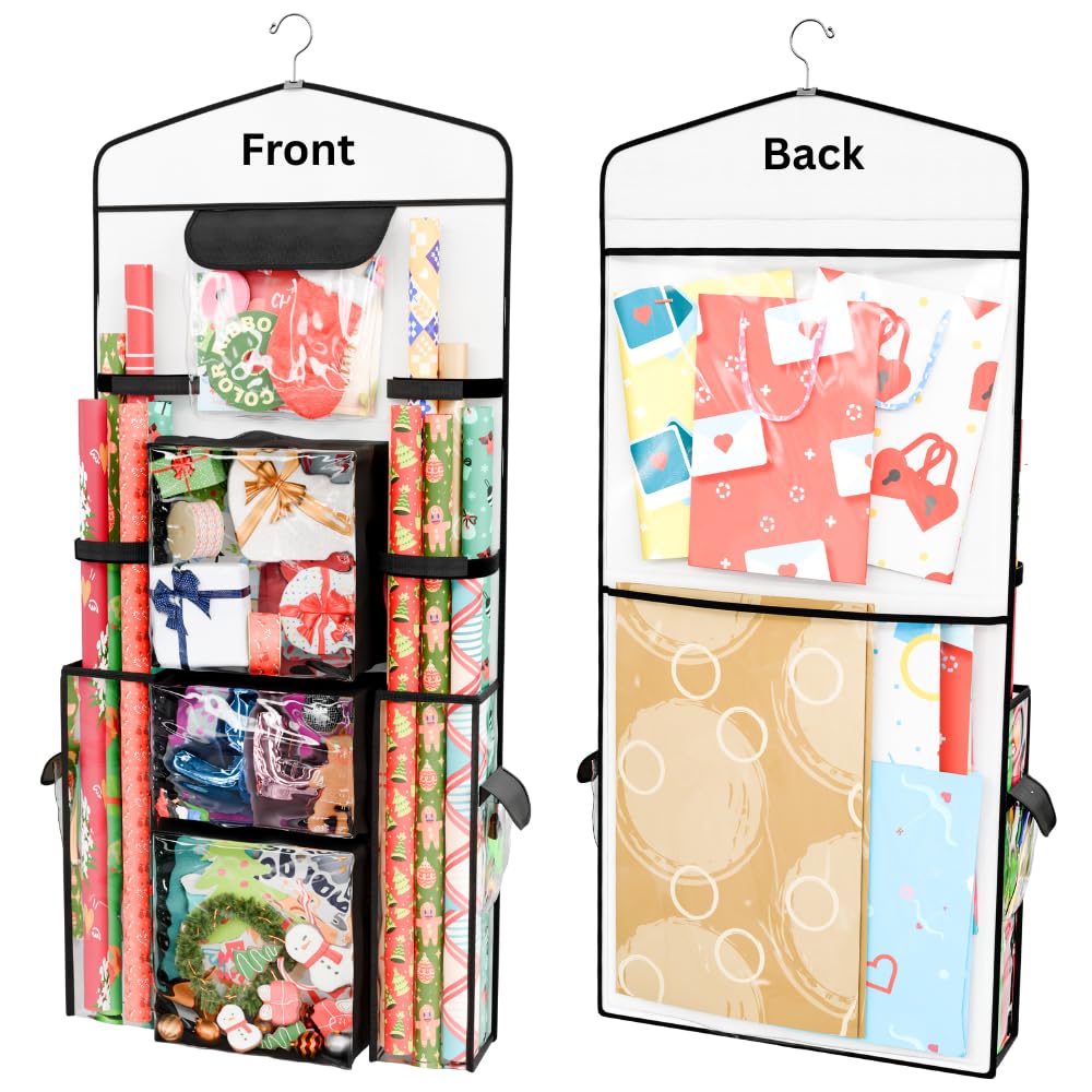 ProPik Hanging Double-Sided Gift Wrap Organizer, Wrapping Paper Storage with Multiple Front and Back Pockets, Organize Your Gift Bags Bows Ribbons 40”X17" Fits 40 Inch Rolls (Black seam)