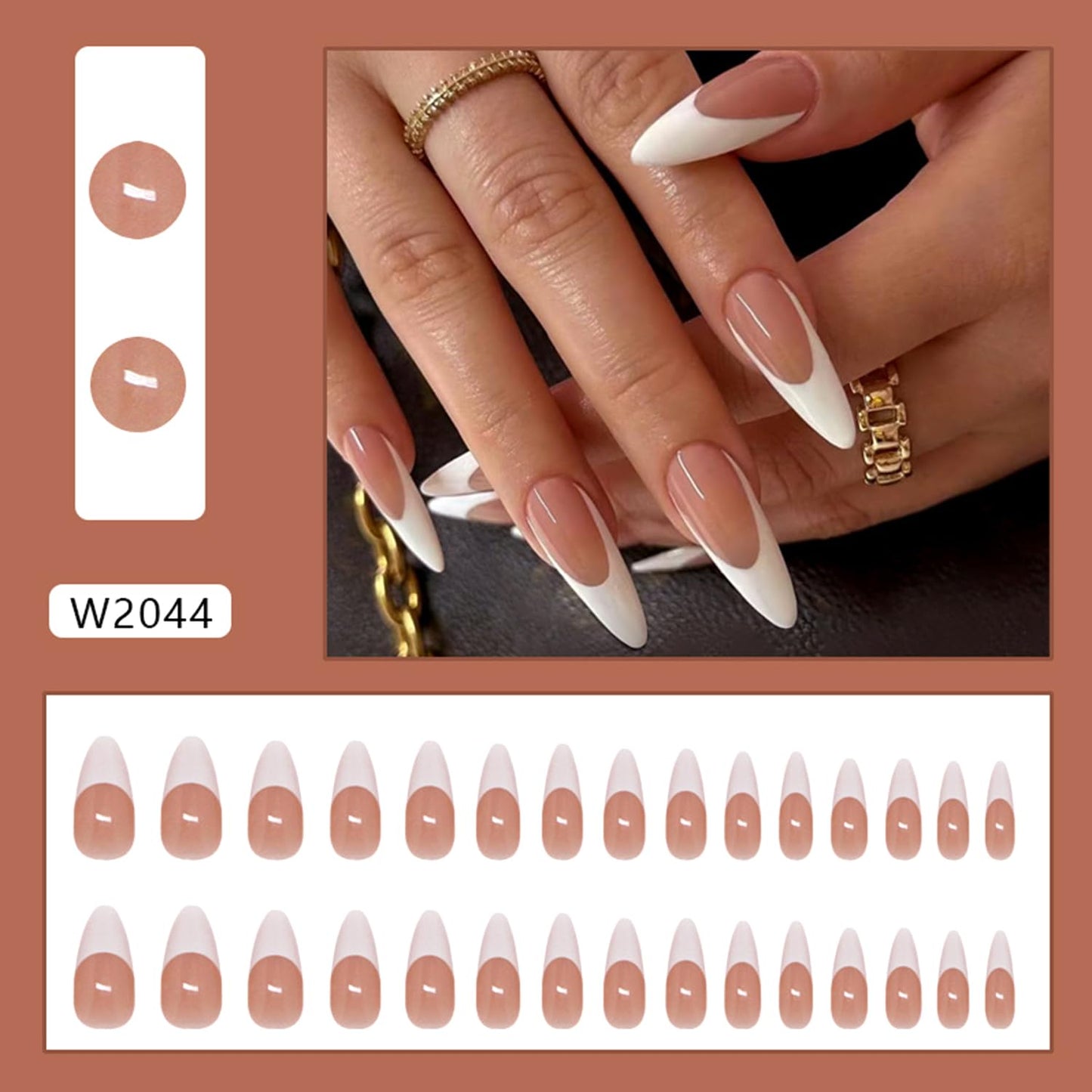 Extra Long Almond Press on Nails White French Tip Fake Nails Glossy Full Cover Glue on Nail for Women