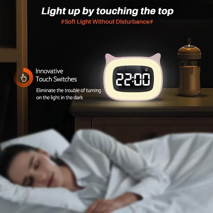 Cute Cat Ear Alarm Clock with Night Light for Bedroom,Yellow