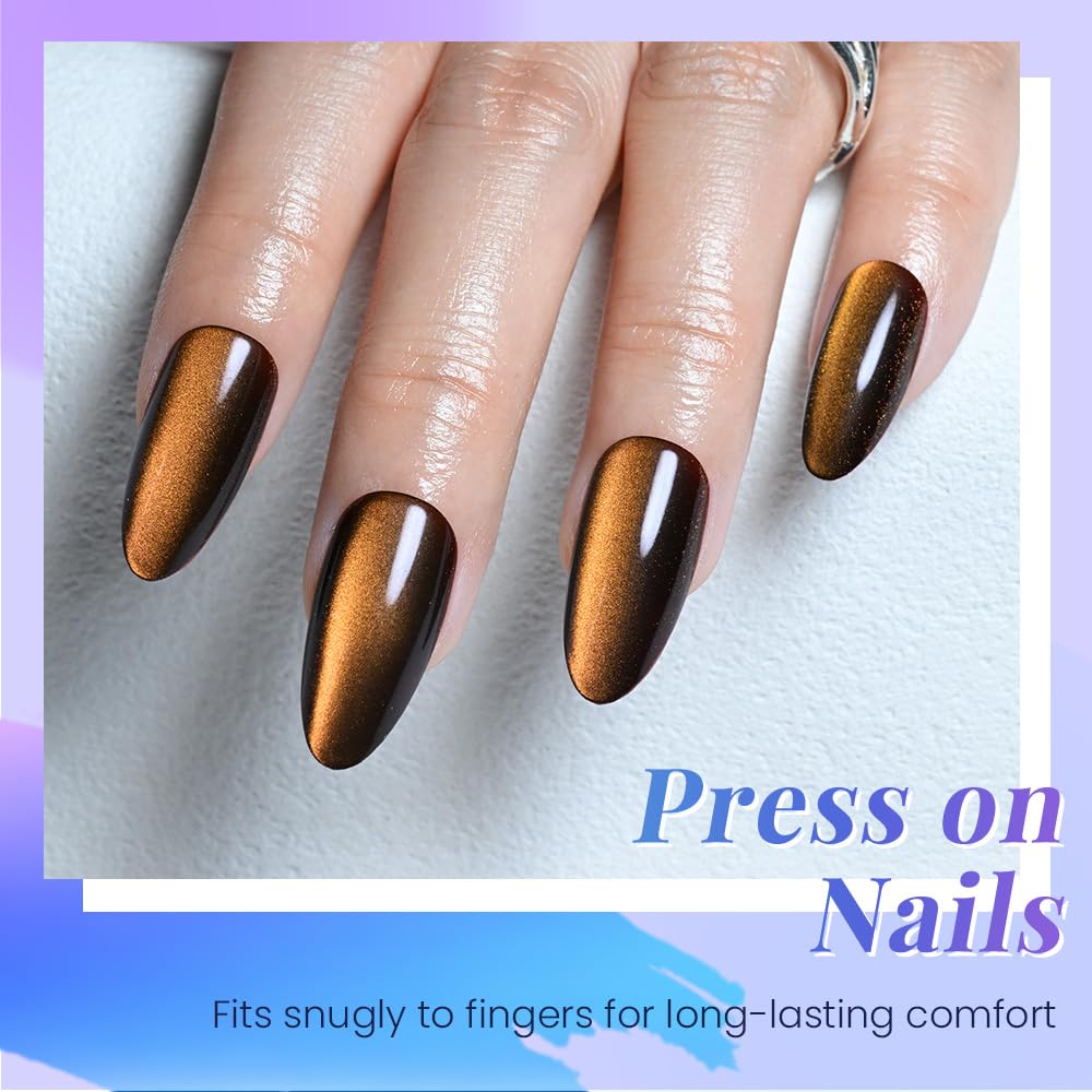 evpct Orange Red Cat Eye Chrome Press on Nails Almond Medium with Design, Holographic Medium Almond Stick on Fake Nails for Women, Glossy Cat Eye Effect, Perfectly Fit Salon-quality Soft False Nail