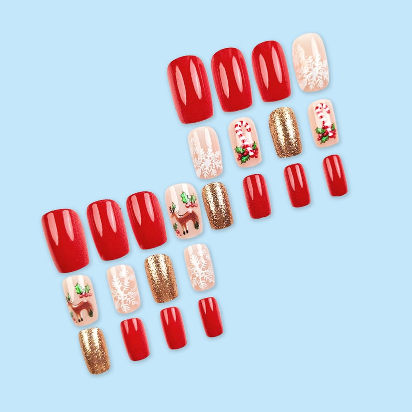 LWTZLW Christmas Press on Snowflake Elk Medium Square False Nails Gift Cane Glue on Nail Gold Glitter Design Acrylic Fake Nails Winter Artificial Glossy Nail Reusable for Women