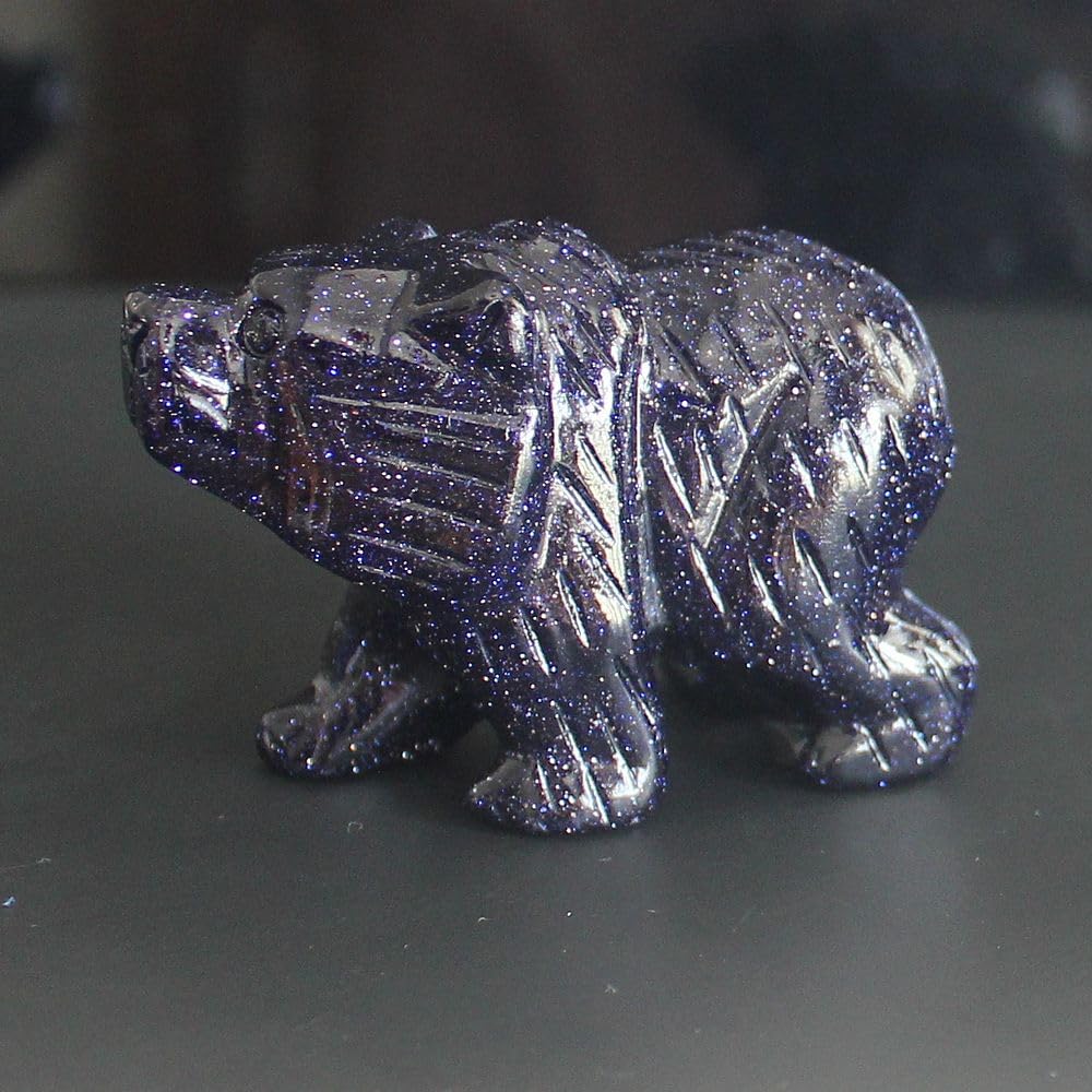HLbshi Hand Carved Gemstone Crystal Bear Figurine Animal Statue Carving Office Home Decor Collections 2'' (Blue Goldstone)