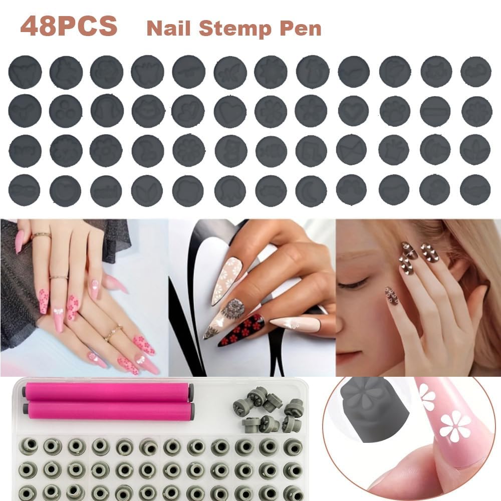 AOUWEY 48 Pcs Nail Stamp Pen Set - Fast DIY Manicure Kit with Floral Butterfly Rose Patterns for Girls Ladies Personal Use