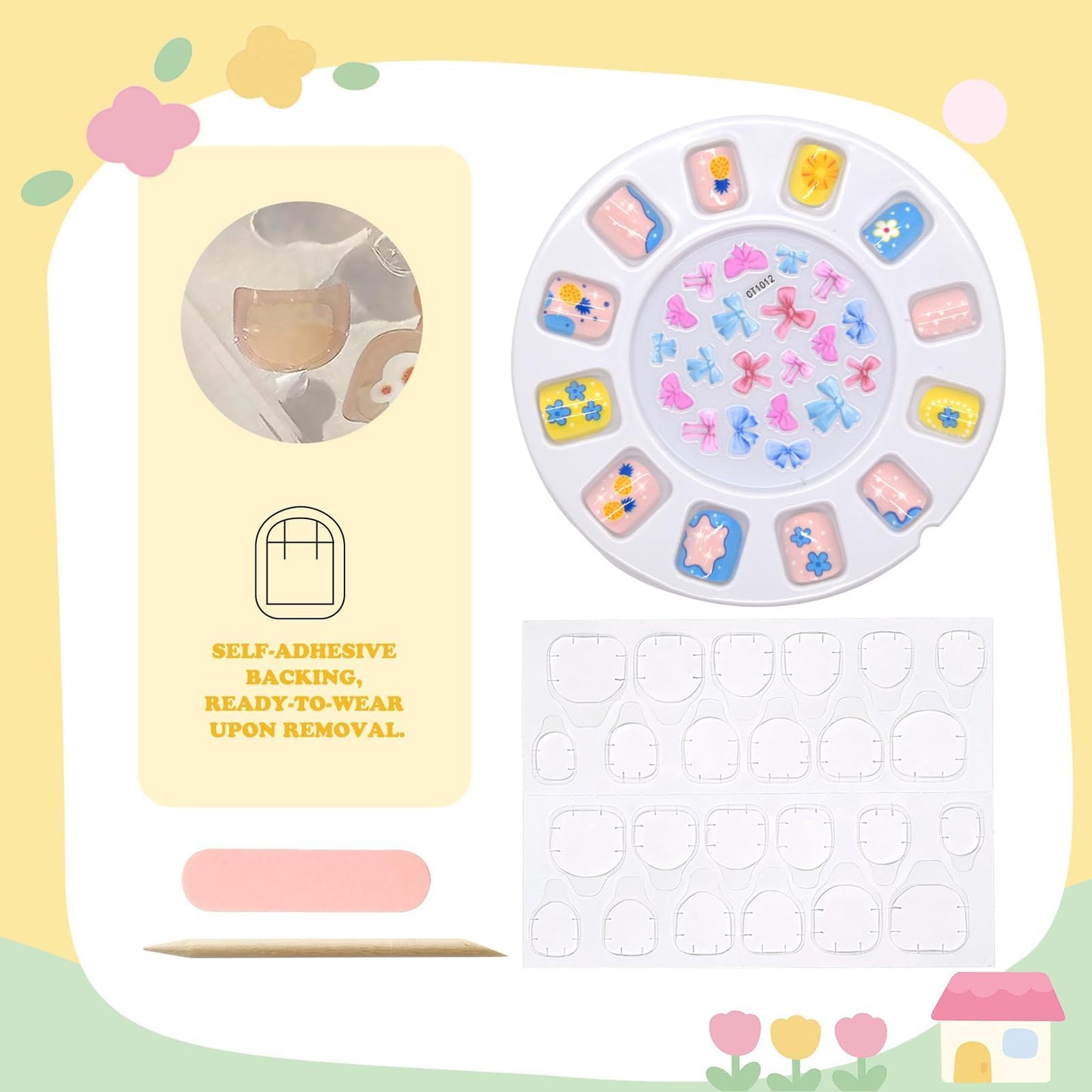 Press on Nails for Kids 3-6,With Cute DIY Stickers,4 Pack 48Pcs Little Girls Sparkling Princess Nails,Cute Pattern Flower Series
