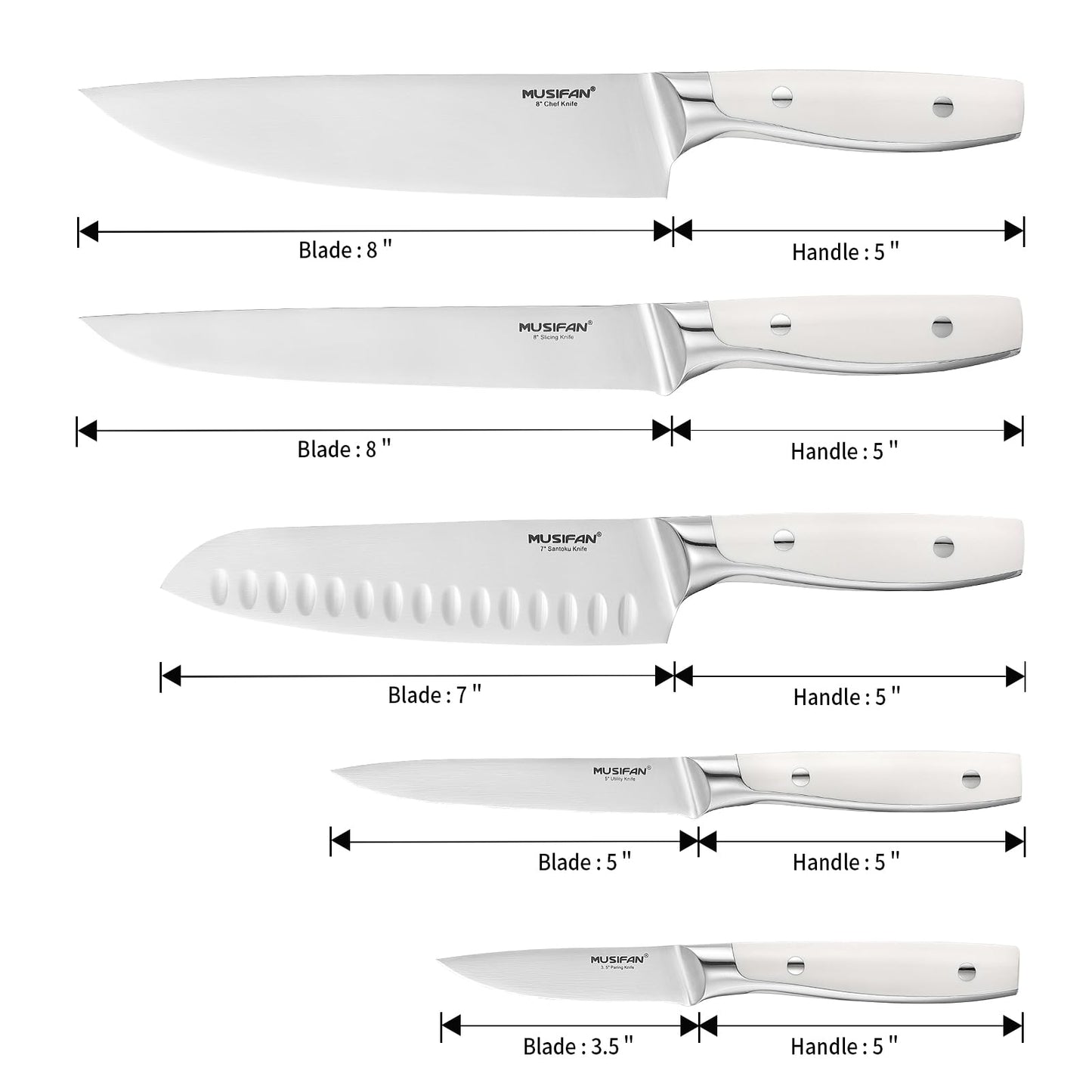 Musifan 5-Piece Chef Knife Set, Professional Ultra Sharp Kitchen Knives For Cooking High Carbon Stainless Steel, With Ergonomic Handle Design (five)