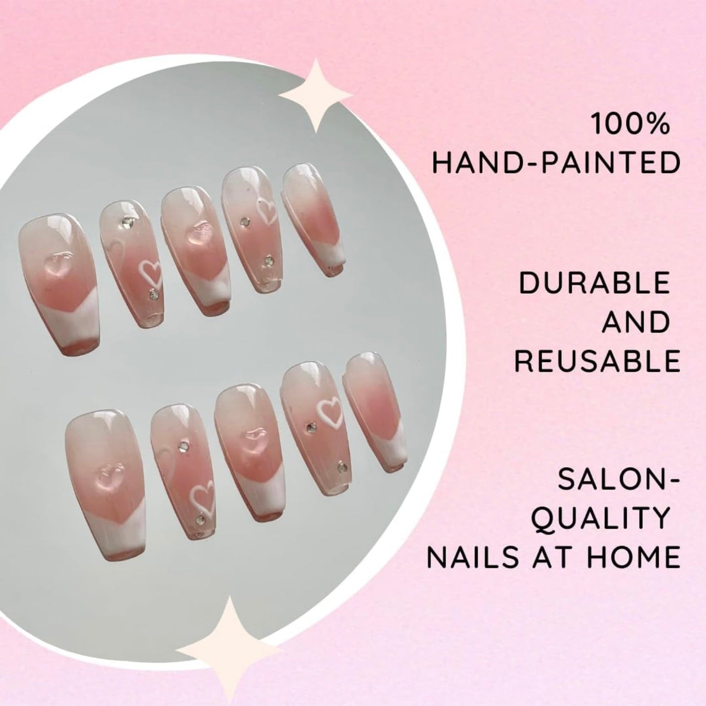 100% Hand-painted Cute Blush Nail Heart Square Medium Length Y2K Korean Japanese Douyin Inspired 3D Gemstones Durable Reusable Gel Acrylic Press-on Nails 10 pc set (S)
