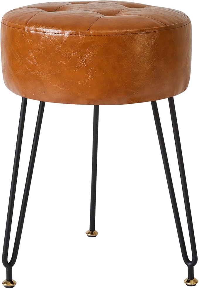 IBUYKE Faux Leather Round Footrest, Makeup Vanity Stool Side Table, PU Dressing Table Seat, Pouf Couch Stool, Golden Steel Legs, Light Brown LG-31J