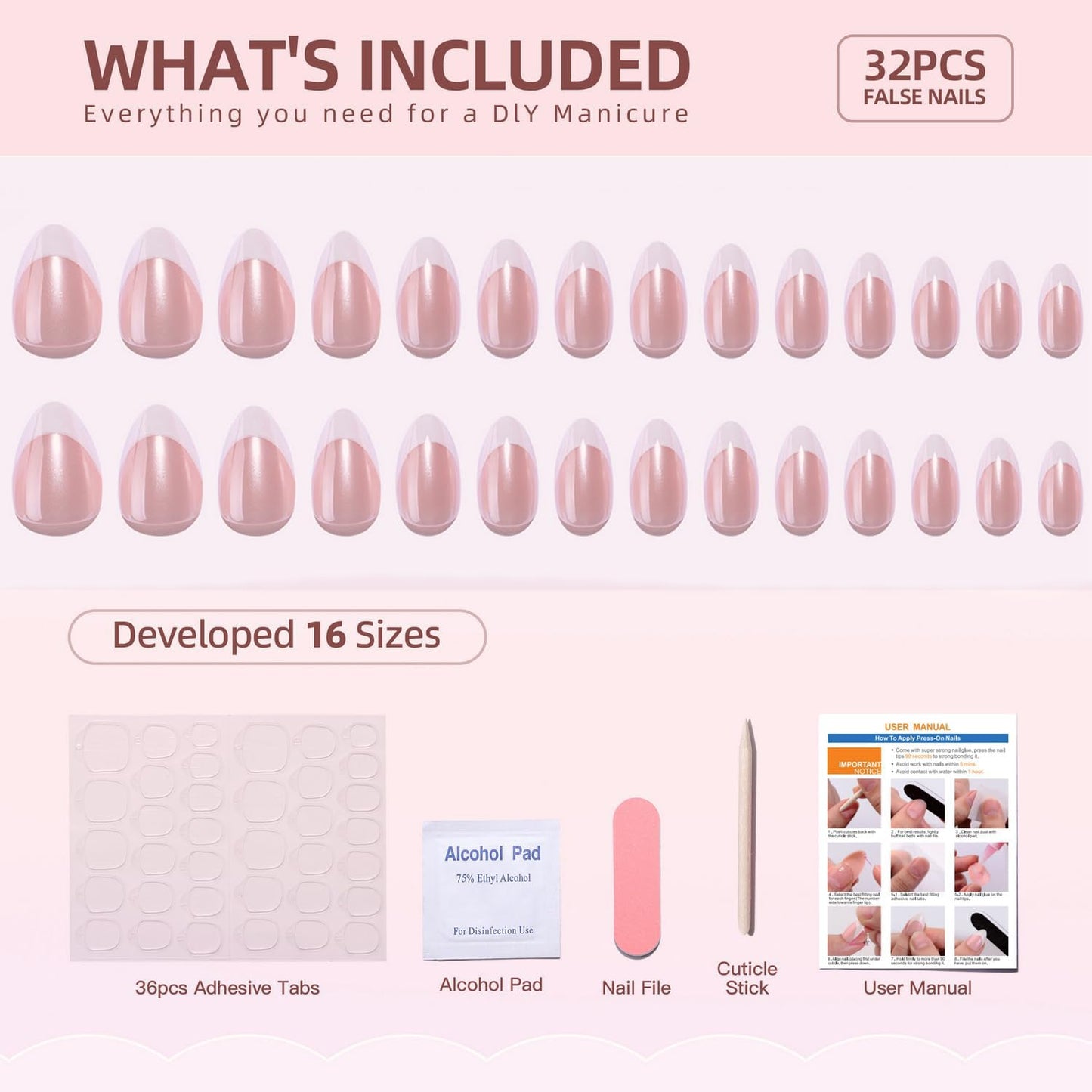 32 Pcs White French Tip Press on Nails Chrome Fake Nails with Designs Salon Quality Thickened False Nail Muti-Layer Gel Medium Almond Acrylic Nail Full Cover Stick on Nails for Women Manicure Decor