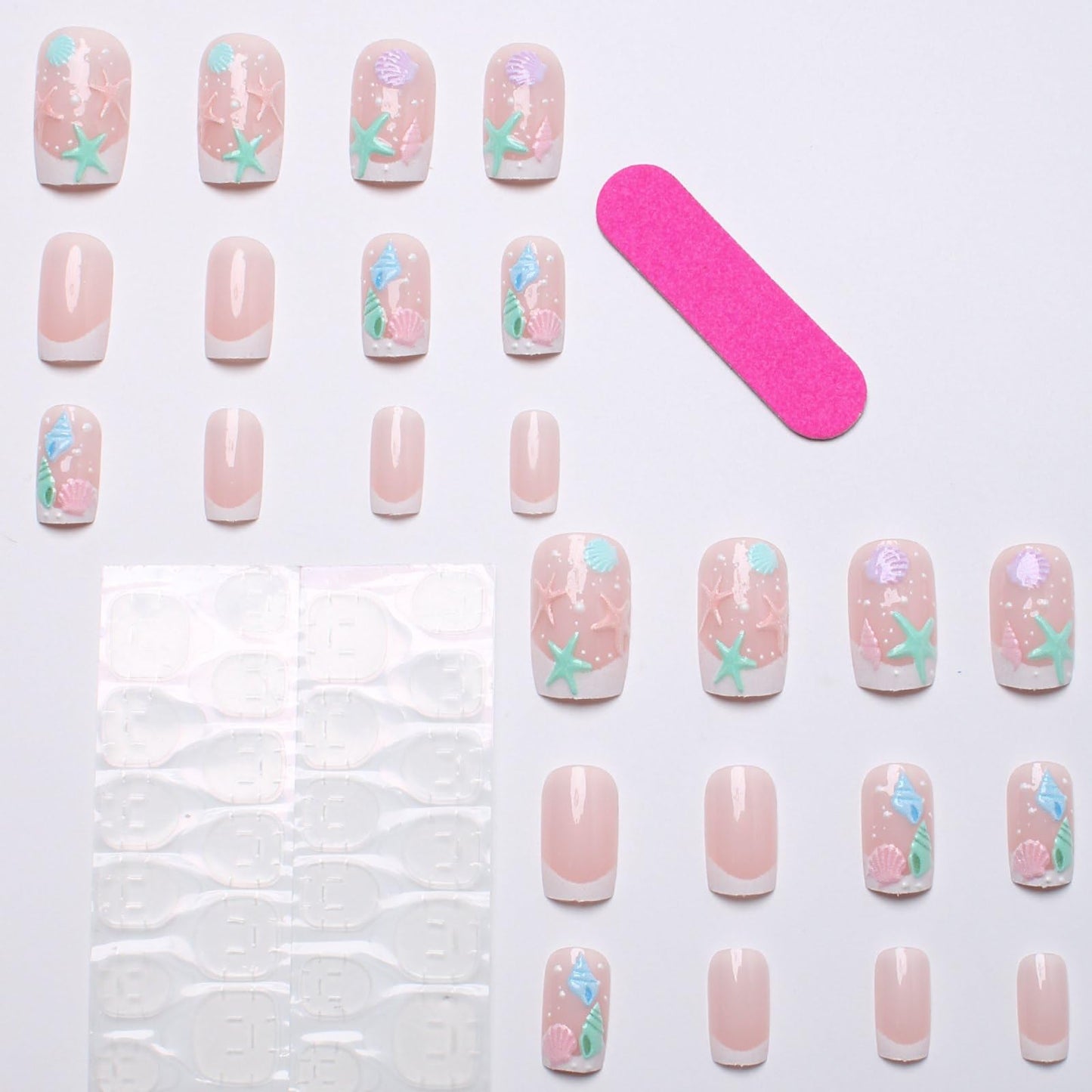 French Tip Press on Nails Summer Fake Nails Spring Medium Square False Nails with Shell Conch Starfish Bubbles Design Sea Beach Artificial Nails Full Cover Glossy Stick on Nails for Women Manicure