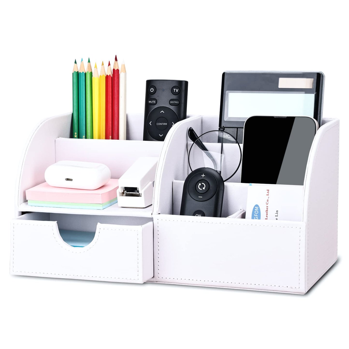 KINGFOM Pu Leather Desk Organizer Pen Pencil Holder Office Supplies Caddy Storage Box 6 Compartments with Drawer White (Full Pu Leather)
