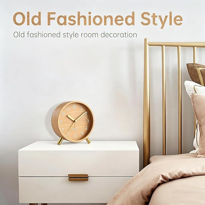 Analog Alarm Clock, Silent Non-Ticking with Night Light, Battery Operated, Fashionable Round Metal Alarm Clock for Office, Bedroom, Elderly, Adults, Women, Men Gifts Wood-Like Color
