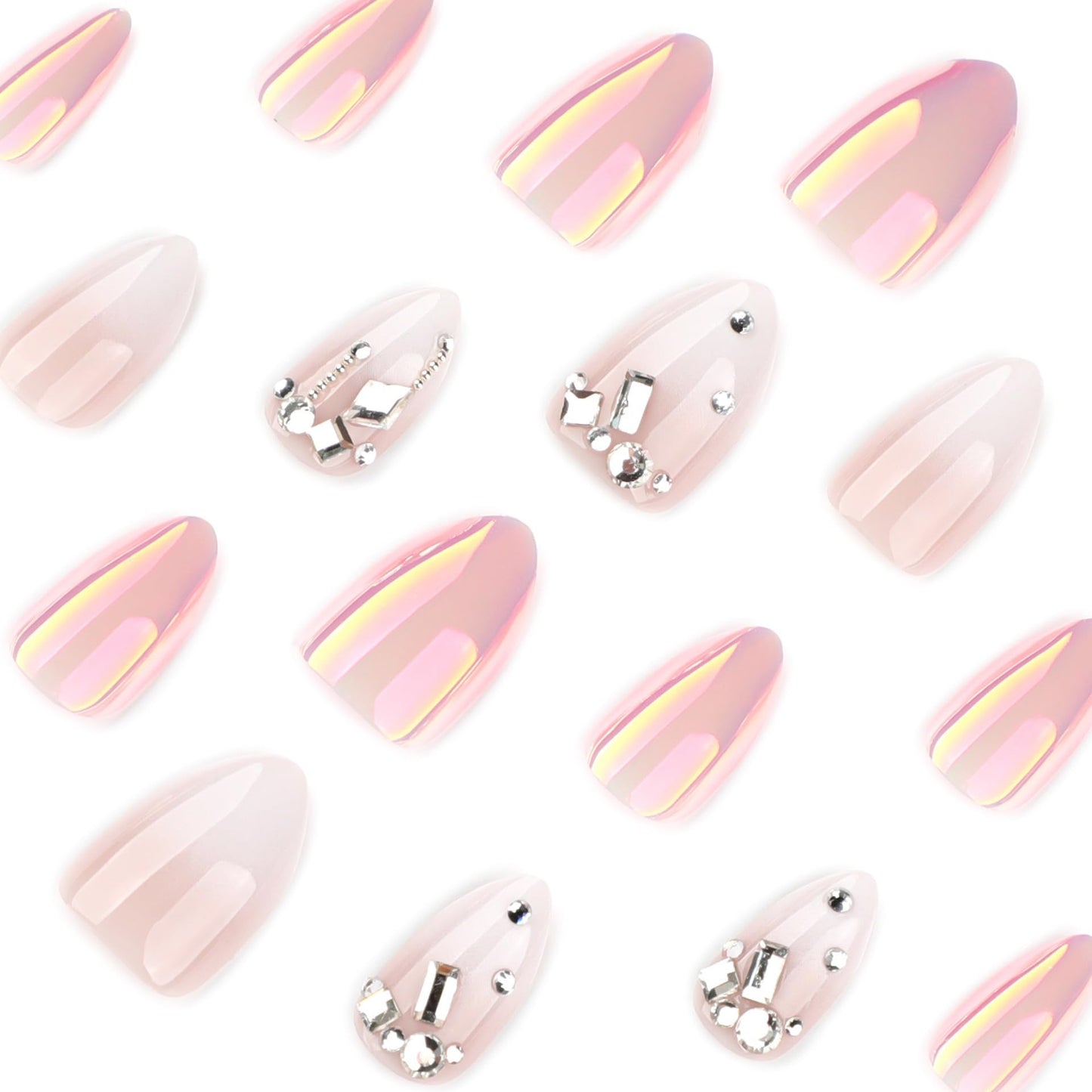 CTTHNBD Press on Nails Almond - Ombre White Fake Nails with Rhinestone Design - Medium False Nails Press ons - for Women 24 Pcs