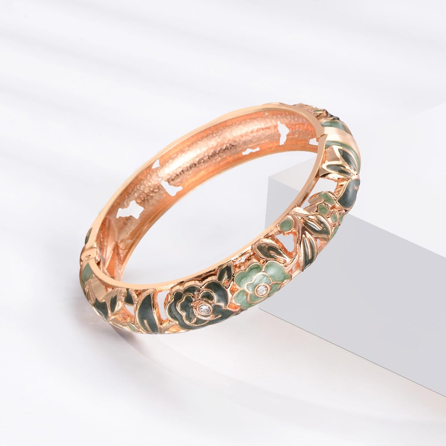 UJOY Women Cloisonne Bracelet Multi-Colors Plated Rhinestone Flower Hollowed Enameled Hinged Cuff Bangles Jewelry Gift 88A10 3pcs Green