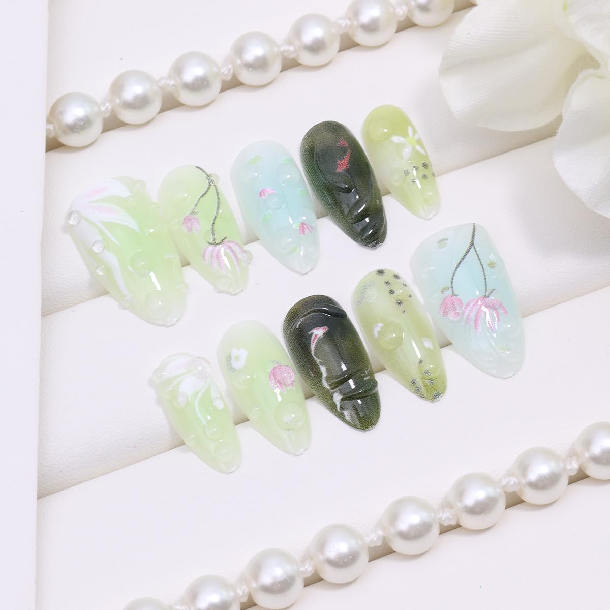 30Pcs Koi Press on Nails Medium Almond Green Fake Nails 3D Water Droplets with Pink White Flower Koi Fish Design Lucky Full Cover Glue on Nails Spring False Nails for Women Acrylic Manicure Salon Kits