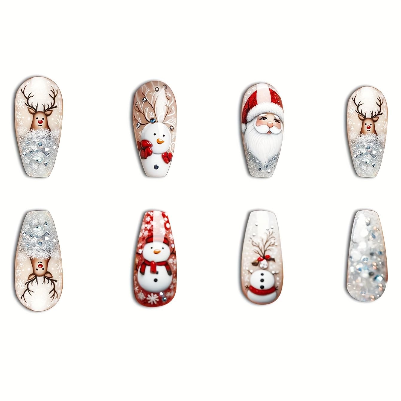 24Pcs Christmas Press on Nails EIK Snowman Coffin Fake Nails Winter Snowflake Medium False Nails with Crutch Designs Xmas Glue on Nails Full Cover Reusable Acrylic Nail for Women