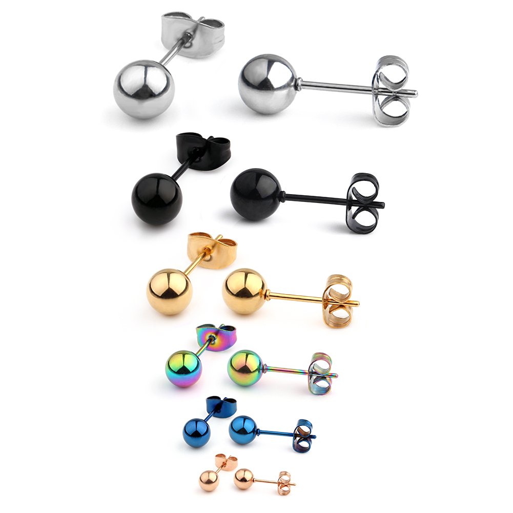 Ruifan 20G Stainless Steel Ball Stud Earrings for Men Women Round 3-8mm 6Pairs - Mix Color