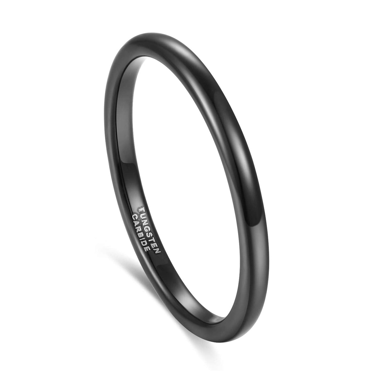 2mm Thin Black Tungsten Ring Wedding Band for Men Women High Polished Dome Plain Comfort Fit Size 12