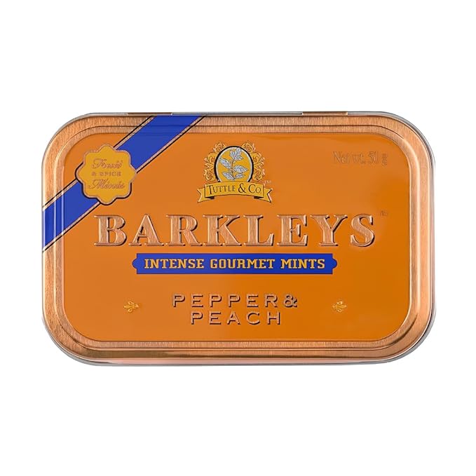 Barkleys Gourmet Pepper & Peach Breath Mints - Strong Pepper & Peach Flavor for Party, After Dinner, Wedding, Every Day Use-Vegan Mints In Reusable Classic Travel Tins, 1 Pack - 50 Count Each