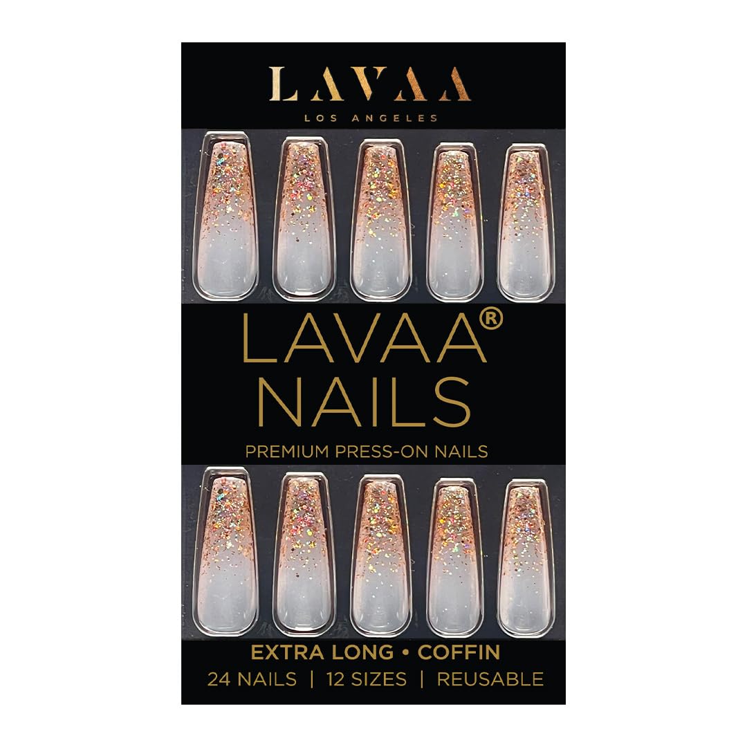 GOLD VIBES Press-On Nails by Lavaa Beauty | Gold Glitter Ombré Tip | Extra-Long Coffin