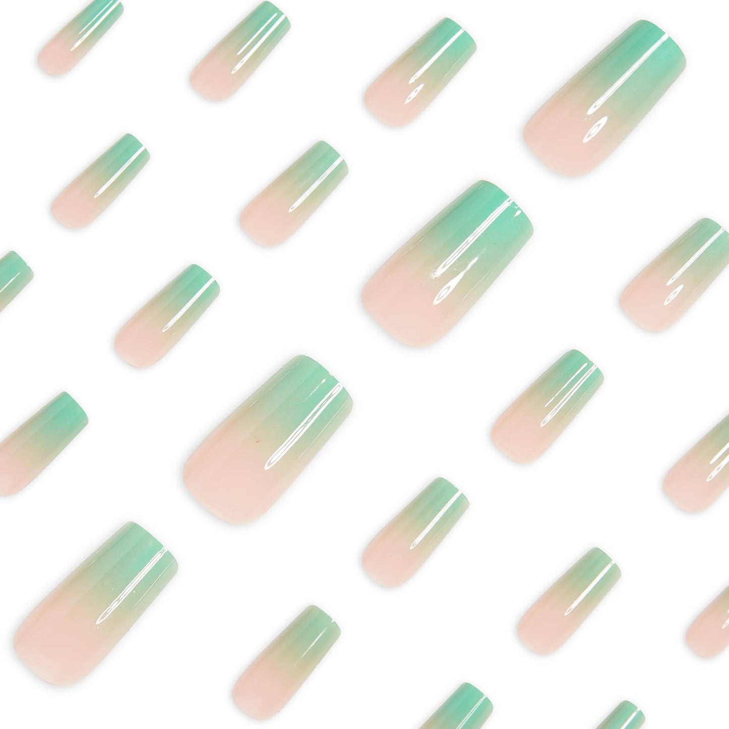 MISUD Press on Nails - Long Square Fake Nails with Summer Green, Acrylic Ombre Gradient Design 24 pcs