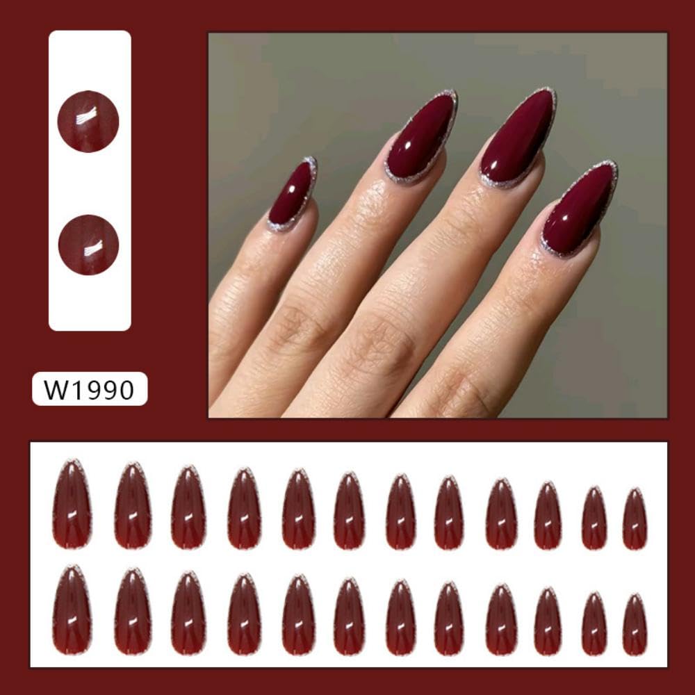 Red Press on Nails Medium Almond Fake Nails with Silver Glitter Design Glossy Ombre Red False Nails Shiny Acrylic Stick on Nails Reusable Full Cover Glue on Nail for Women Girls Manicure 24Pcs