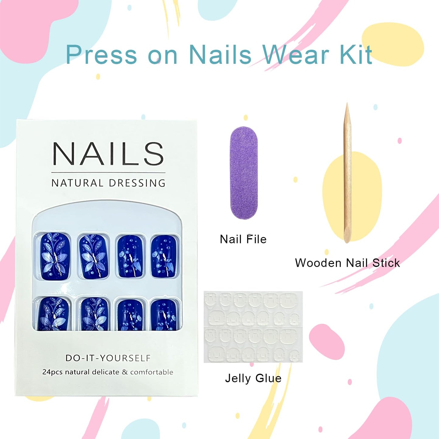 Dark Blue Press on Nails Short Square Fake Nails with White Flower Leaf Pearls Design Floral False Nail Acrylic Spring Summer Stick on Nail for Women 24Pcs