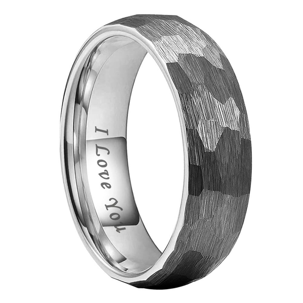 TUTISS 6mm Hammered Tungsten Carbide Rings for Men Women Engagement Wedding Bands Domed I Love You Engraved Comfort Fit Size 5