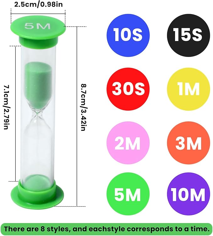 8 Pack Colorful Sand Timer, Hourglass Sand Clock Timer Set, 10Sec 15Sec 30Sec 1Min 2Min 3Min 5Min 10Min for Kids Brushing Teeth, Classroom Home