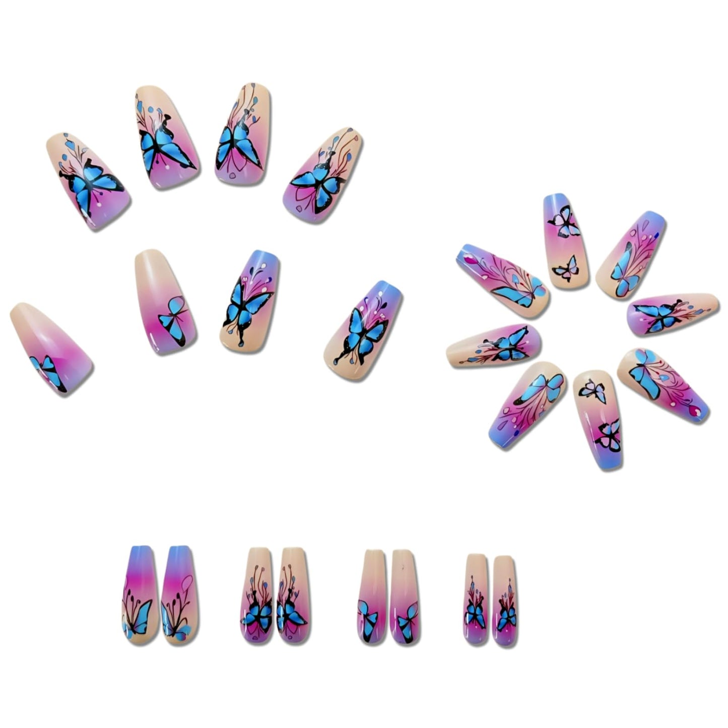 Spring press-on nails long ballet false nails with blue butterfly pattern false nails blue gradient cute leaves acrylic nails summer women's nail decoration 24 pieces