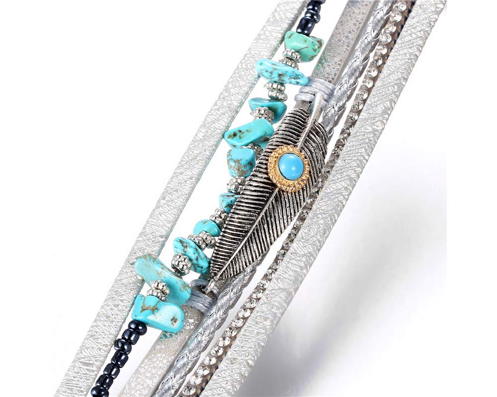 Fesciory Leopard Bracelet for Women, Boho Leather Wrap Multi-Layer Pearl Crystal Bracelet Bangle Jewelry(Turquoise Feather)