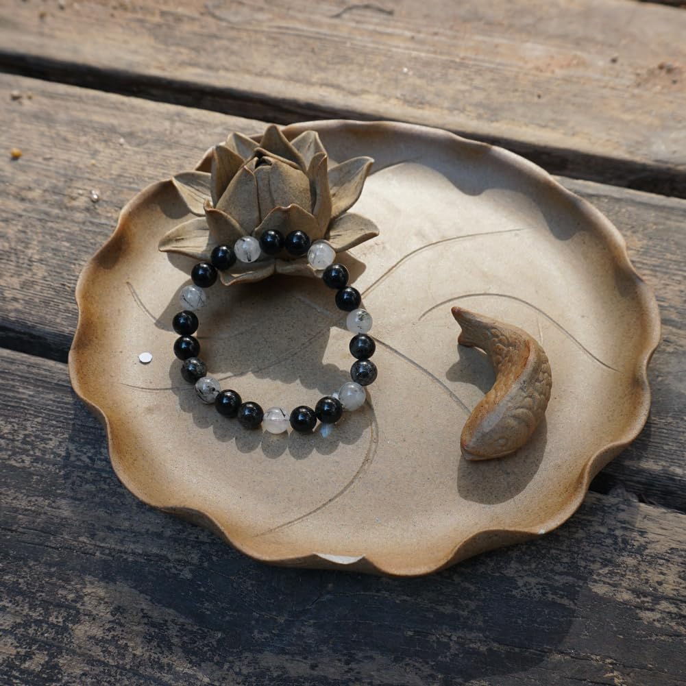 TaHLga 10MM Black Rutilated Quartz Bracelet | Natural Rutilated Quartz Gemstones | Bring Luck Wealth Courage | Protection from Evil | Gift