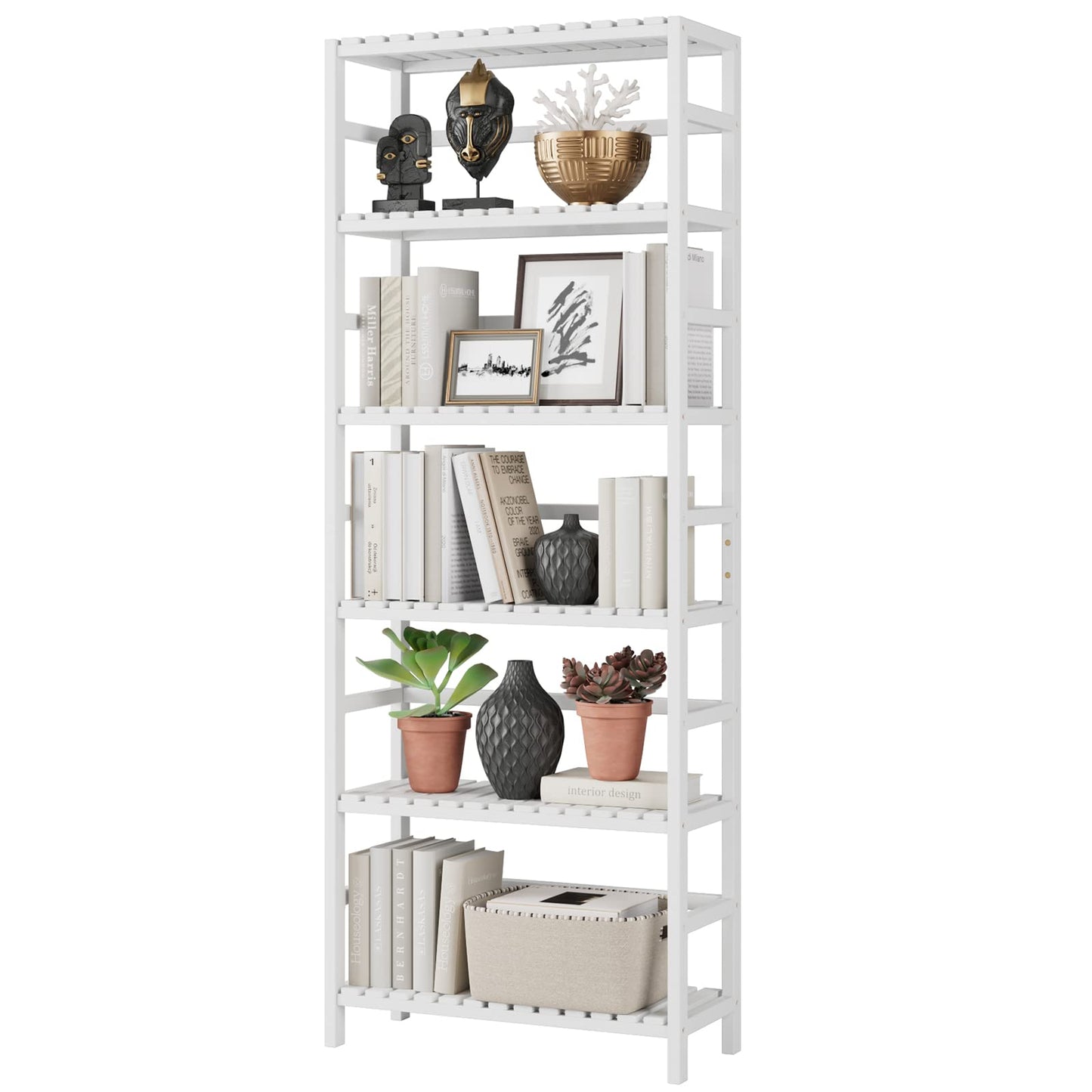 Bamjoy Bamboo Shelf, 6 Tier Bookcase Storage Shelves, Tall Book Rack Shelving Unit, Multipurpose Storage Display Shelf Adjustable Storage Rack for Bathroom Home Office Living Room Kitchen, White
