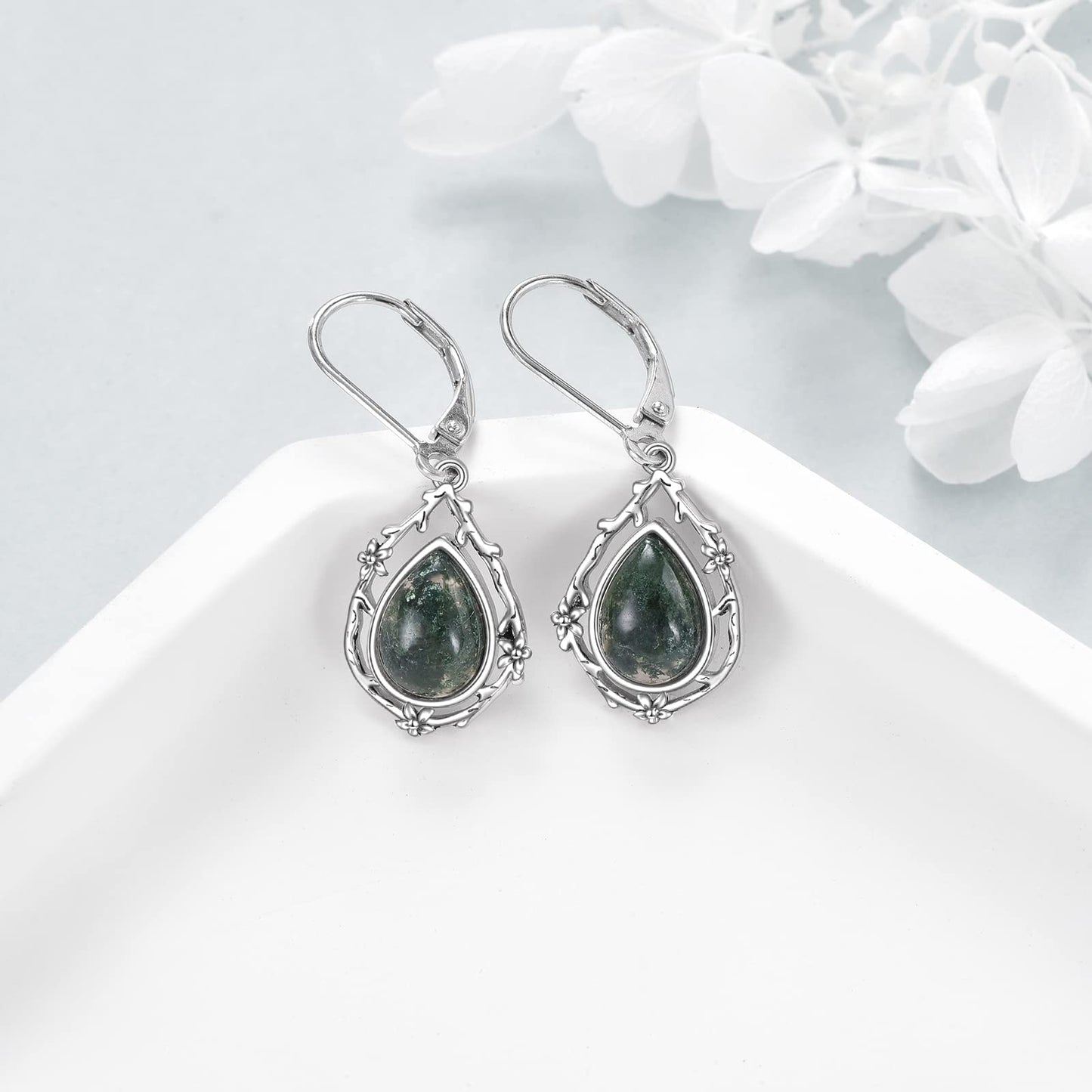 POPLYKE Moss Agate Green Gems Teardrop Drop Dangle Earrings Sterling Silver Leverback Earrings Jewelry