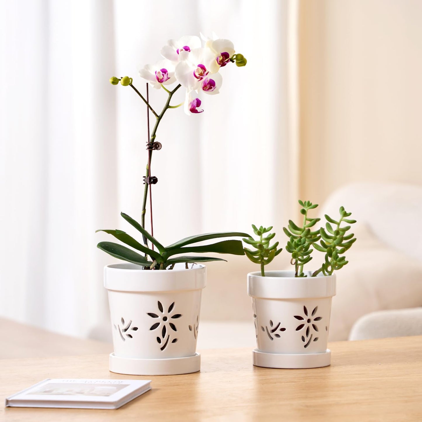 STHIE Small Orchid Pots with Holes 5 Inch & 6 Inch, Ceramic Orchid Pots for Repotting, 2 Pack Breathable Slotted Orchids Planter, White Flower
