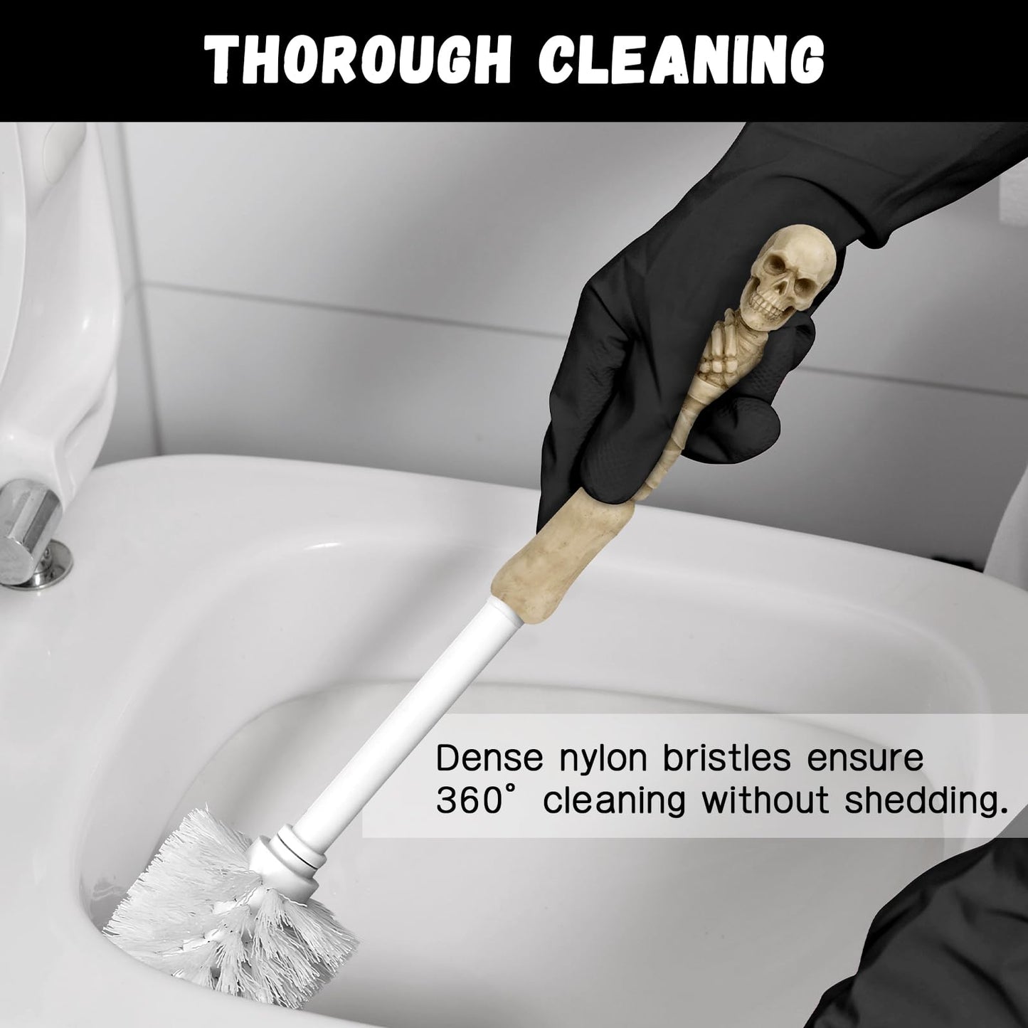 Toilet Brush and Holder Set for Bathroom,Skullduggery Skeleton Gothic Bathroom Decor Toilet Bowl Brush Set,Space Saving for Storage, Drip-Proof, Easy to Assemble, Deep Cleaning