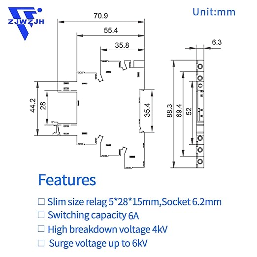 Electromagnetic Relay 5VDC SPDT 6Amp, Power Relays with LED Indicator, Socket Base, DIN Rail, Ultra Thin 6.2mm, UL Certification
